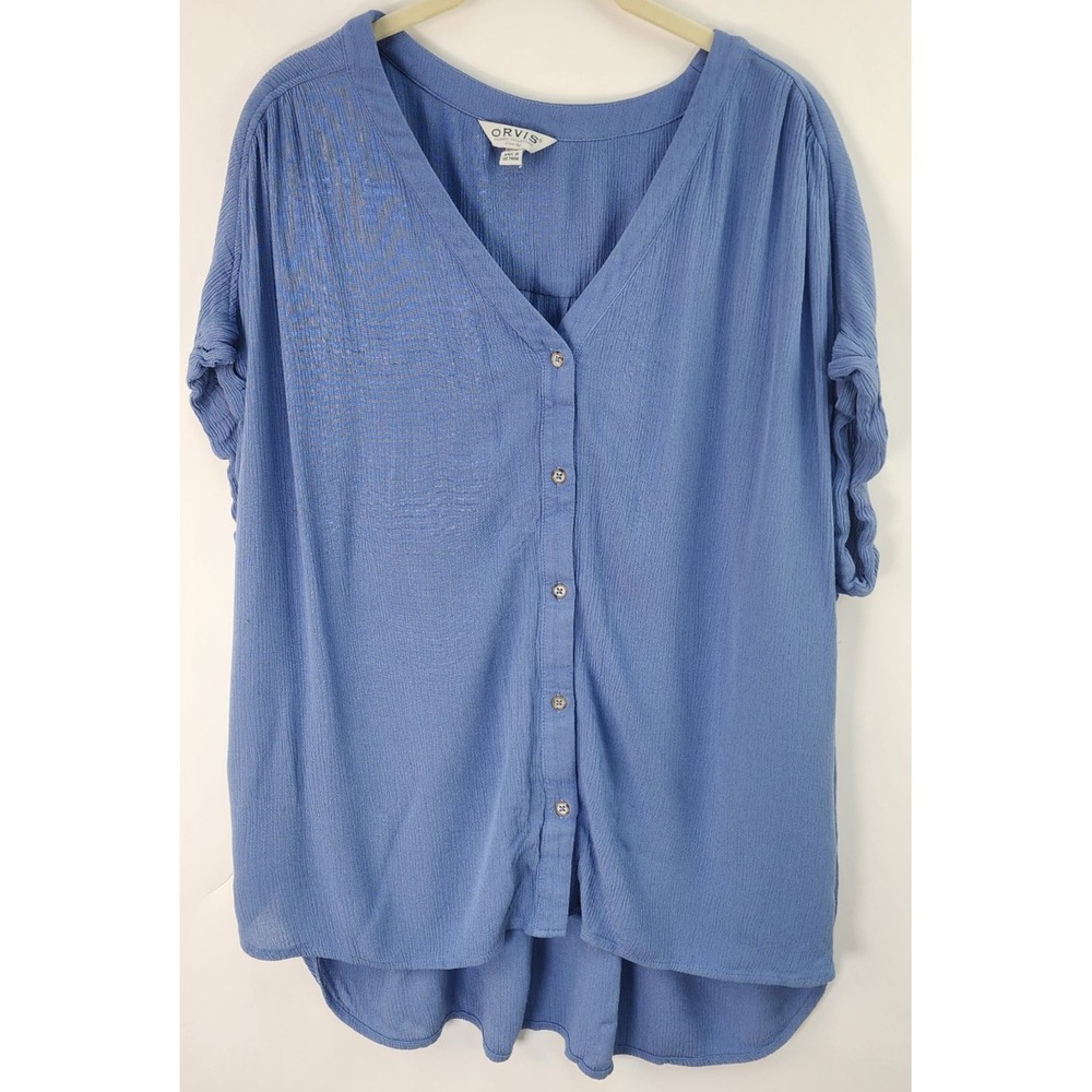 Orvis Button Front Top Women's L Blue Hi Lo Hem Relaxed Boho Gauze Minimalist